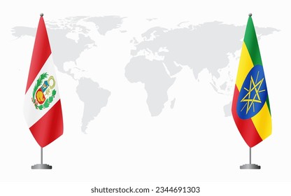 Peru and Ethiopia flags for official meeting against background of world map.