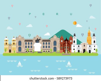 Peru Famous Landmarks Infographic Templates for Traveling Minimal Style and Icon, Symbol Set Vector Illustration Can be use for Poster Travel book, Postcard, Billboard.