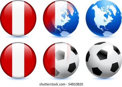 Peru Flag Button with Global Soccer Event Original Illustration