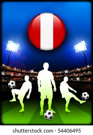 Peru Flag Button with Soccer Match in Stadium Original Illustration