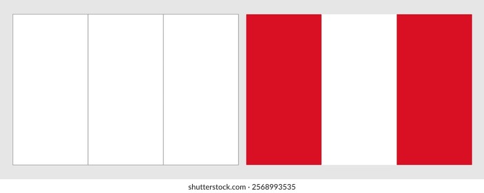 Peru flag - coloring page. Set of white wireframe thin black outline flag and original colored flag.