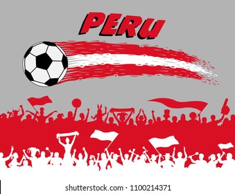 Peru flag colors with soccer ball and Peruvian supporters silhouettes. All the objects, brush strokes and silhouettes are in different layers and the text types do not need any font. 