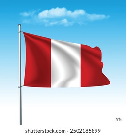 Peru flag flying on blue sky, vector illustation.