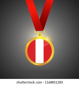 Peru Flag in gold Medal, Golden Badge, Sport Game Golden Challenge Award. Vector Illustration.