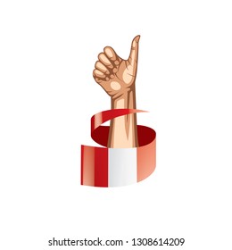 Peru flag and hand on white background. Vector illustration