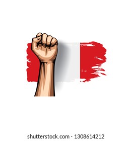 Peru flag and hand on white background. Vector illustration