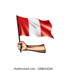 Peru flag and hand on white background. Vector illustration