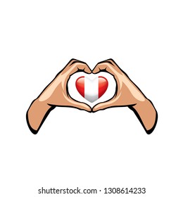 Peru flag and hand on white background. Vector illustration