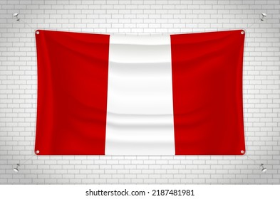 Peru flag hanging on brick wall. 3D drawing. Flag attached to the wall. Neatly drawing in groups on separate layers for easy editing.
