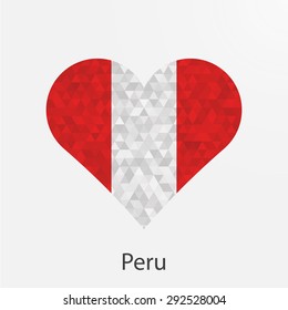 Peru flag heart in geometric,mosaic polygonal style.Love to country.Abstract tessellation,background. Vector illustration EPS10