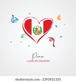 Peru flag with a heart shape, with I love my country slogan for Peru Independence Day. Vector illustration.