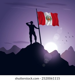 Peru Flag hoisted on a mountain peak with a purplish sunset in the background, vector illustration