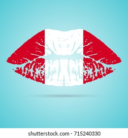 Peru Flag Lipstick On The Lips Isolated On A White Background. Vector Illustration. Kiss Mark In Official Colors And Proportions. Independence Day