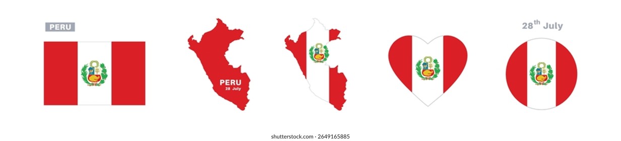  bandeira do peru e conjunto de mapas. bandeira do peru em cores oficiais e proporções. dia da independência 28 julho, mapa, círculo e coração em forma de peru