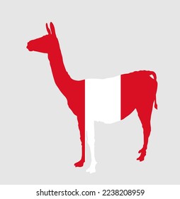 Peru flag over Vicuna national animal vector silhouette illustration isolated on white background. Lama standing symbol. Patriotic emblem travel tourist invite. Wild animal from Central America.