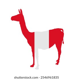 Bandera de Perú sobre la ilustración nacional de la silueta del Vector animal de Vicuna aislada en blanco. Forma sombra Lama símbolo de pie. Invitación turística patriótica del viaje del emblema. Animal salvaje de América Central.