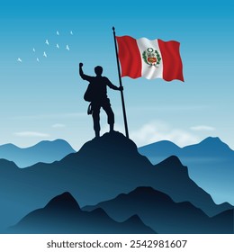 Peru Flag raised on a mountain peak with clear sky in the background, vector illustration