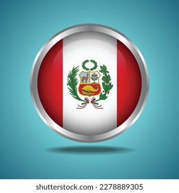 La bandera del Perú. Redondo brillante. Marco plateado. Aislado en el fondo del degradado de color