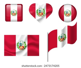 Peru Flag mit Symbolen. Vektorgrafik Flagge von Peru, Symbol. Set von Peru-Fahnen Button, geschwenkt, Herz.