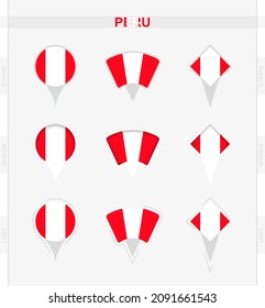 Peru flag, set of location pin icons of Peru flag. Vector illustration of national symbols.