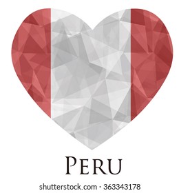 Peru flag shape heart in geometric rumpled triangular low poly origami style graphic illustration,mosaic polygonal style.Symbol of love to country.Retro or vintage style background.