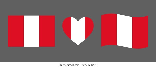 Peru flag signs set. Peruvian heart shape decorative element. Independence Day of Peru. National symbols for Peruvian holidays