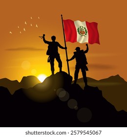 Peru flag, silhouette of two climbers holding flags at sunset