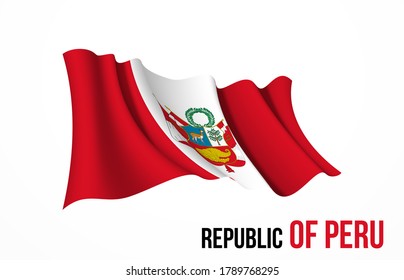 Símbolo del estado de la bandera del Perú aislado en un estandarte nacional de fondo. Tarjeta de saludo Día Nacional de la Independencia de la República del Perú. Cartel de ilustración con bandera de estado realista.