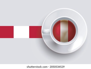 Peru flag with a tasty coffee cup on top view and a gradient background. Hot beverage with Peru flag, vector illustration.