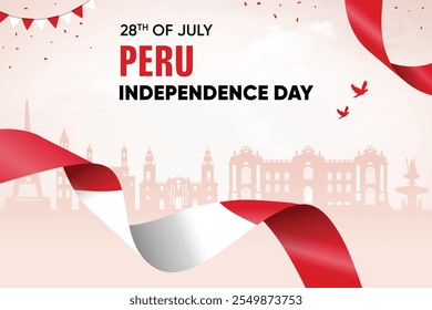 Bandeira Do Peru Acenando Sobre O Plano De Fundo Do Horizonte. Dia da Independência Conceito Design Ilustração Vetor.