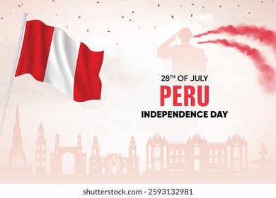 Peru Flag Waving On Skyline Background. Independence Day Concept Design Vector Illustration.