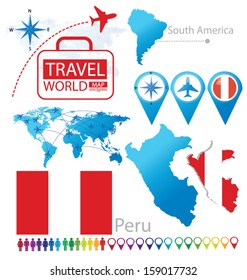 Peru. flag. World Map. Travel vector Illustration.