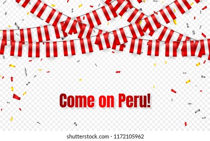 Peru flags garland on transparent background with confetti. Hang bunting for Peru independence Day celebration template banner, Vector illustration.