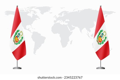 Peru and Peru flags for official meeting against background of world map.