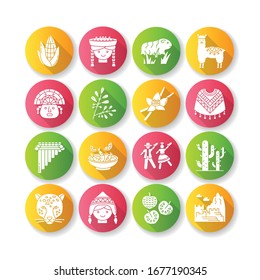 Peru flat design long shadow glyph icons set. Peruvian sights, culture, nature, cuisine. Incas, marinera, corn, Machu Picchu, cactus, handknit, hat, vanilla, coca. Silhouette RGB color illustration