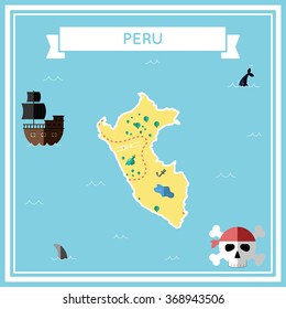 Peru flat treasure map. Colorful cartoon treasure map of Peru with flat icons of pirate ship, jolly roger, treasure chest and banner ribbon. Flat design vector illustration.