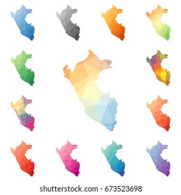 Peru geometric polygonal, mosaic style maps collection. Bright abstract tessellation, low poly style, modern design. Peru polygonal maps for your infographics or presentation.