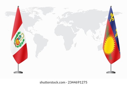 Peru and Guadeloupe flags for official meeting against background of world map.