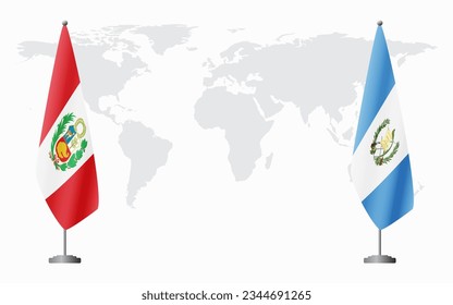 Peru and Guatemala flags for official meeting against background of world map.