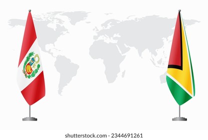 Peru and Guyana flags for official meeting against background of world map.