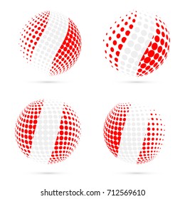 Peru halftone flag set patriotic vector design. 3D halftone sphere in Peru national flag colors isolated on white background.