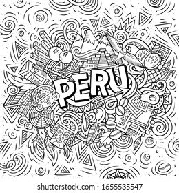 Dibujo a mano de doodles peruanos. Divertido diseño de viajes. Fondo vectorial de arte creativo. Texto escrito a mano con elementos y objetos. Composición de arte de línea