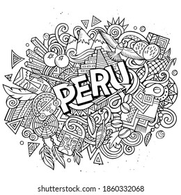 Peru hand drawn cartoon doodles illustration. Funny travel design. Creative art vector background. Handwritten text with elements and objects. Line art composition