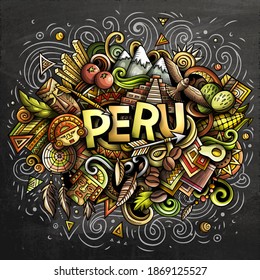 Peru hand drawn cartoon doodles illustration. Funny travel design. Creative art vector background. Handwritten text with elements and objects. Colorful composition