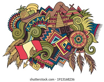 Dibujo a mano en Perú con doodles ilustraciones. Diseño de viajes divertidos. Fondo vectorial de arte creativo. Símbolos, elementos y objetos peruanos. Composición colorida