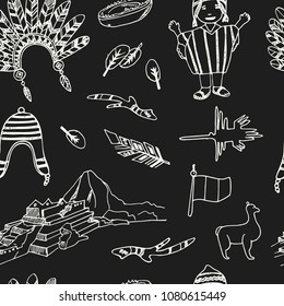 Peru hand drawn doodle seamless, pattern.. Sketches. Vector illustration for design and packages product.