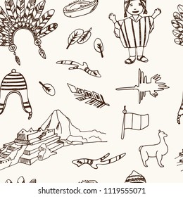 Peru hand drawn doodle seamless pattern. Sketches. Vector illustration for design and packages product. Symbol collection.