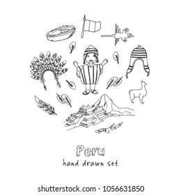 Peru hand drawn doodle set. Sketches. Vector illustration for design and packages product. Symbol collection.