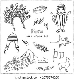 Peru hand drawn doodle set. Sketches. Vector illustration for design and packages product. Symbol collection.