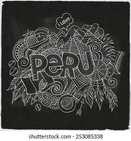 Peru hand lettering and doodles elements chalkboard background. Vector illustration